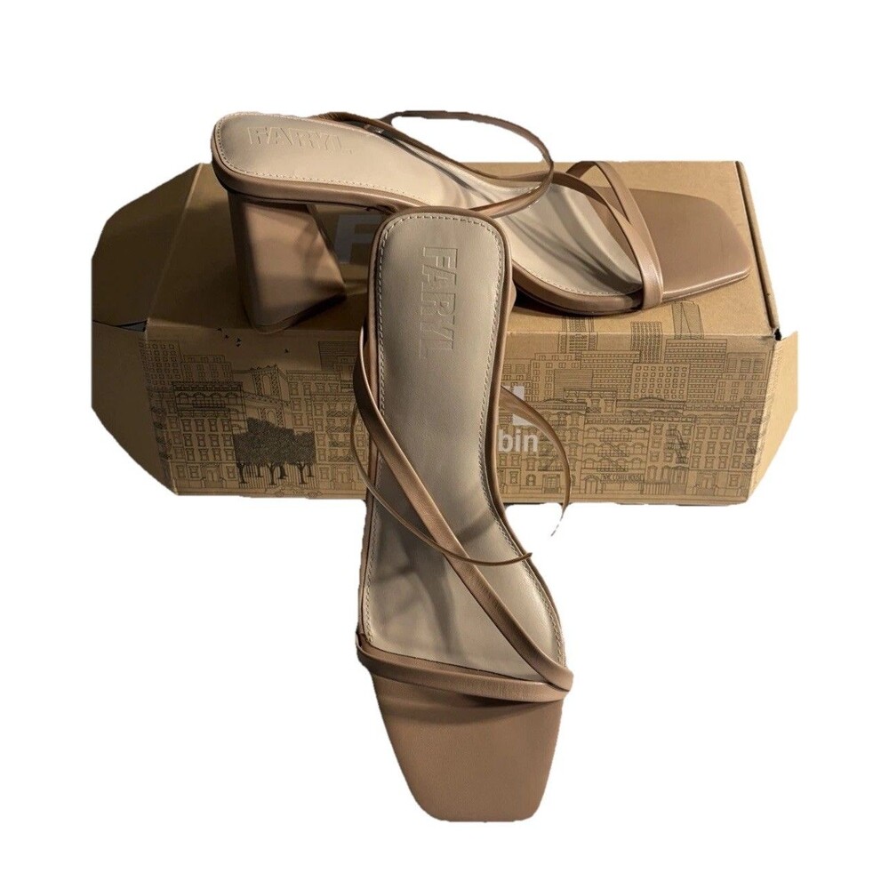 Faryl Size 13 Nude Strappy Block Heel Sandals Square Toe Mule Heels